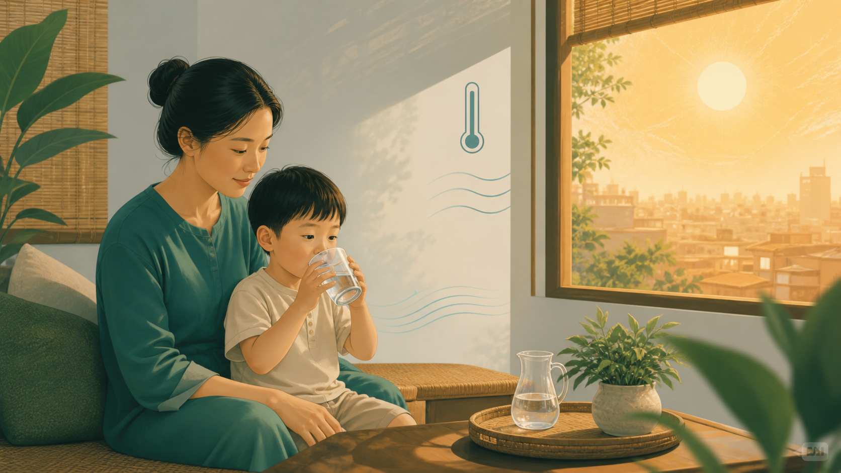 Mẹ và trẻ uống nước trong không gian mát khi ngoài trời nắng nóng