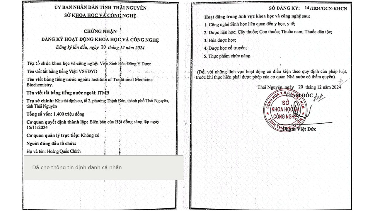 Giấy chứng nhận đăng ký hoạt động khoa học và công nghệ số 14/2024/GCN-KHCN của Viện Sinh Hóa Đông Y Dược